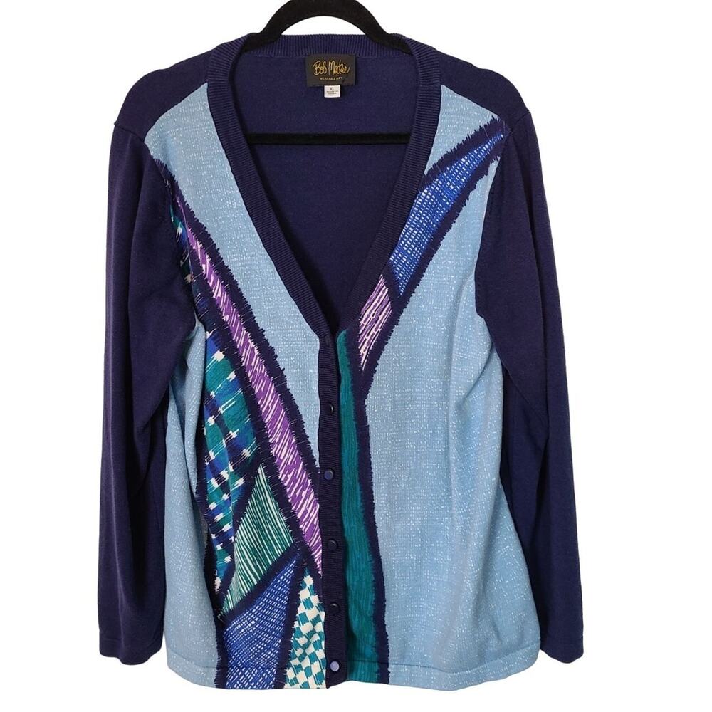 Bob Mackie Womens Artsy Cardigan Sweater Sz XL Western Knit Abstract Art To Wear
